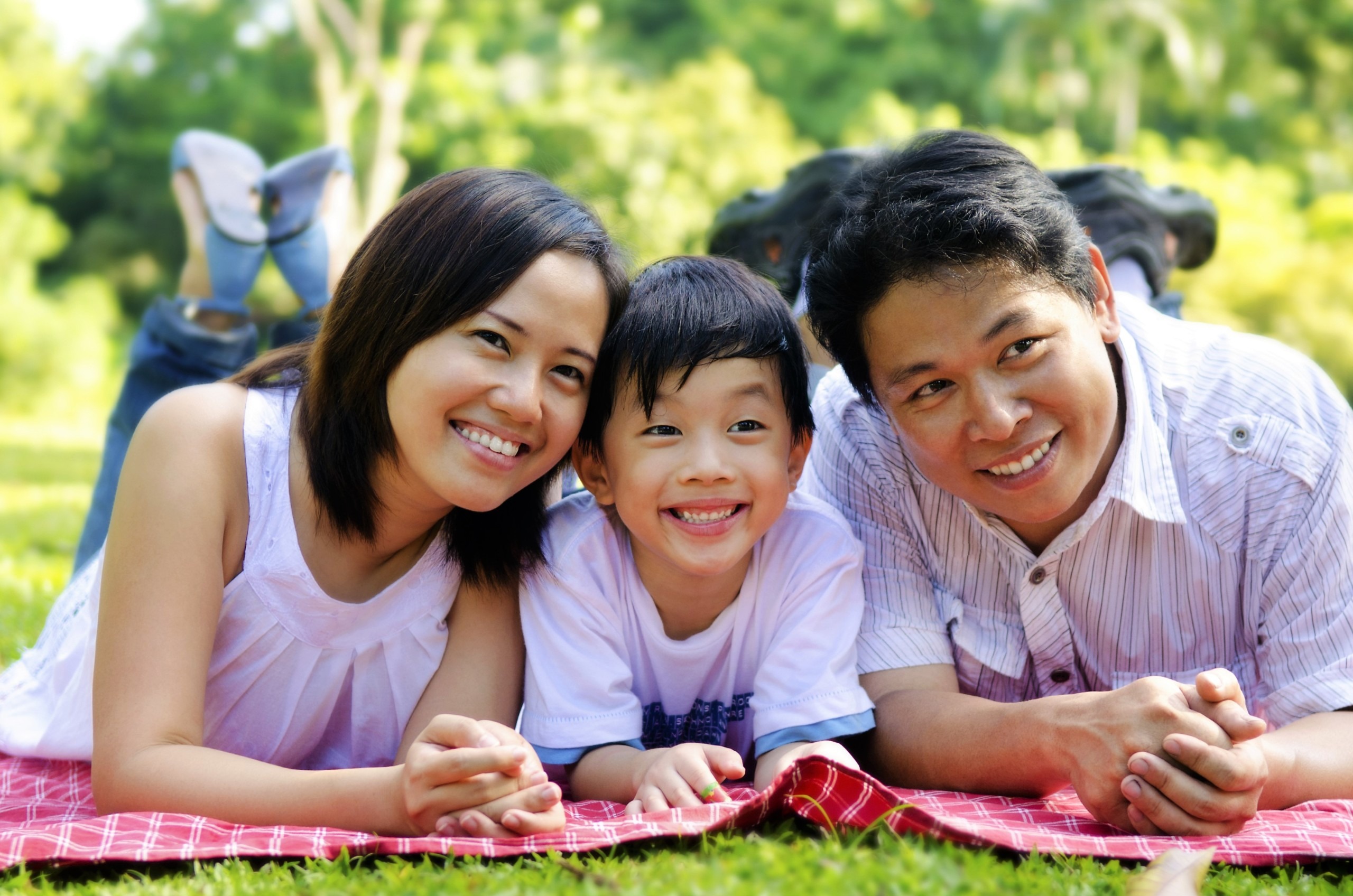 family of three lying on picnic blanket